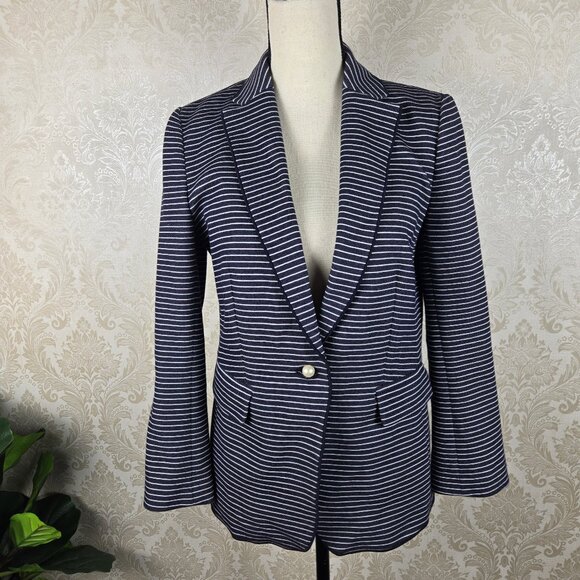 Ann Taylor Petite Size 8P Blue White Stripe Blazer Pearl Button Closure Career - Picture 1 of 12